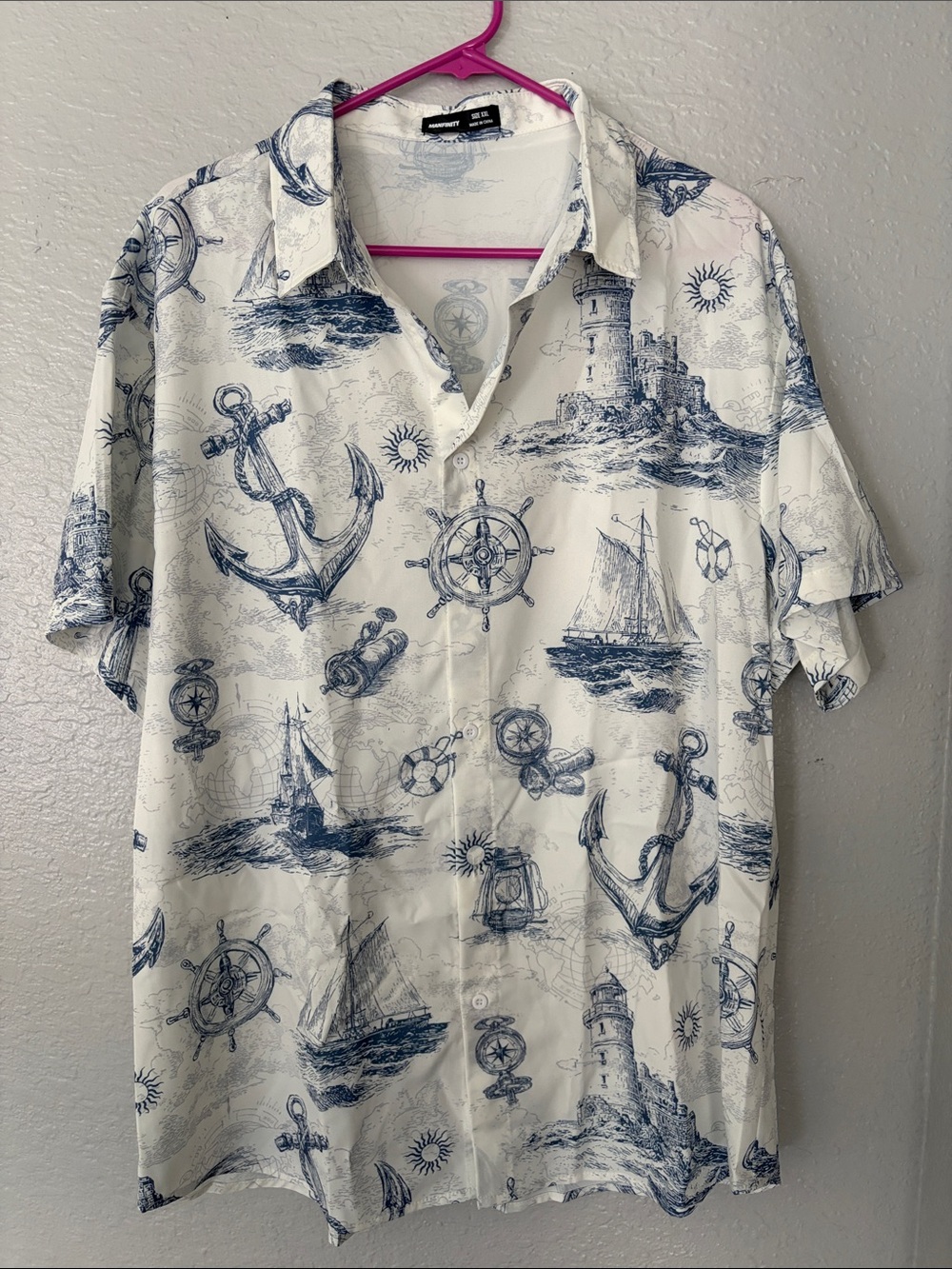 Men's Nautical Print Short Sleeve Shirt -White & Navy it’s more like X-Large NEW